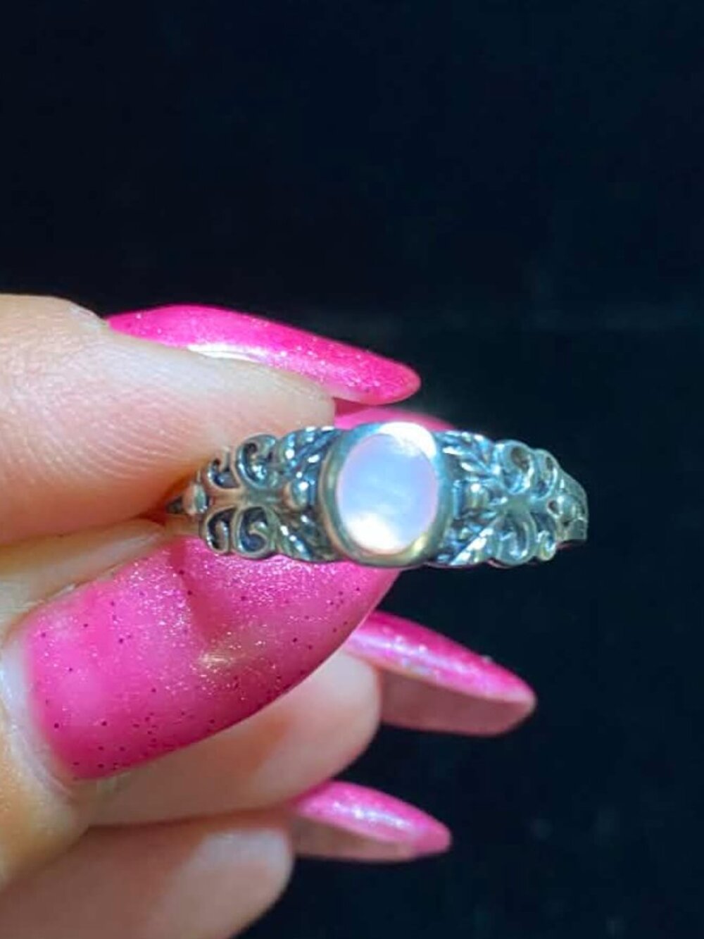 .925 Sterling Silver Natural Pink Opal Intricate Ring